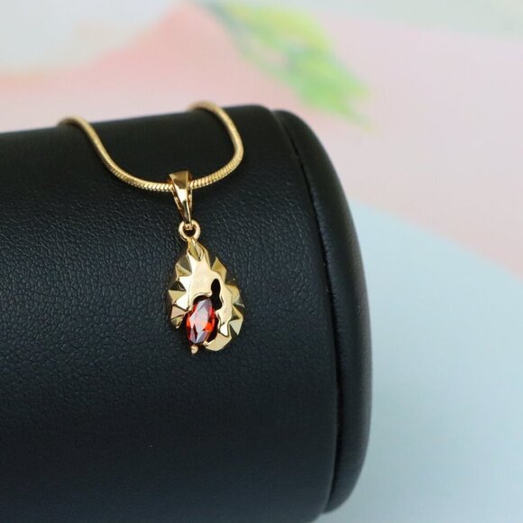 "Gold Teardrop Pendant with Marquise Red Stone and Textured Design, XPPT1722 - Picture 7 of 13